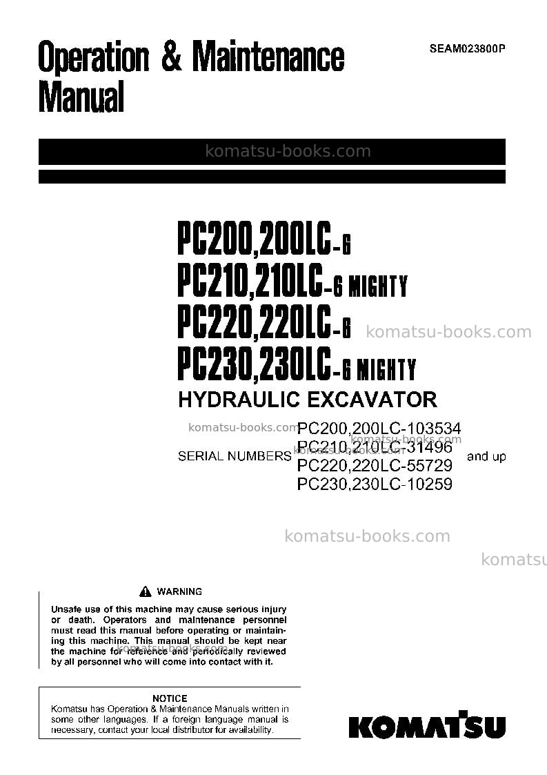Komatsu pc200-6jpn Operation manual cover Komatsu pc200-6jpn Operation manual cover