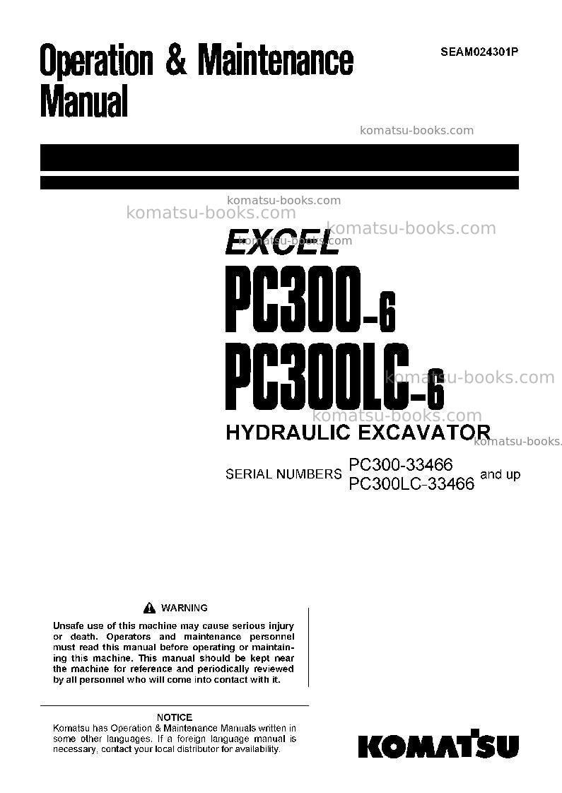 Komatsu pc300lc-6jpn-excel Operation manual cover Komatsu pc300lc-6jpn-excel Operation manual cover