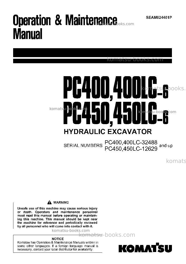 Komatsu pc400-6jpn Operation manual cover Komatsu pc400-6jpn Operation manual cover