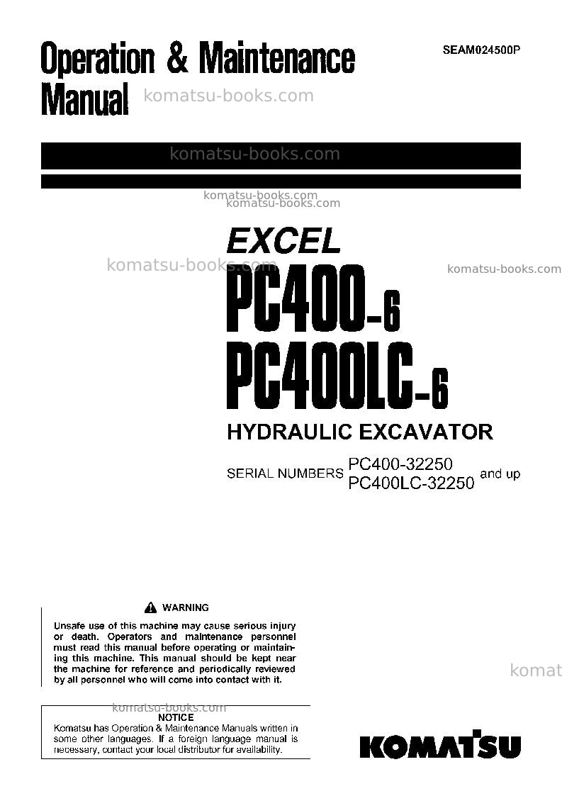 Komatsu pc400lc-6jpn-excel Operation manual cover Komatsu pc400lc-6jpn-excel Operation manual cover