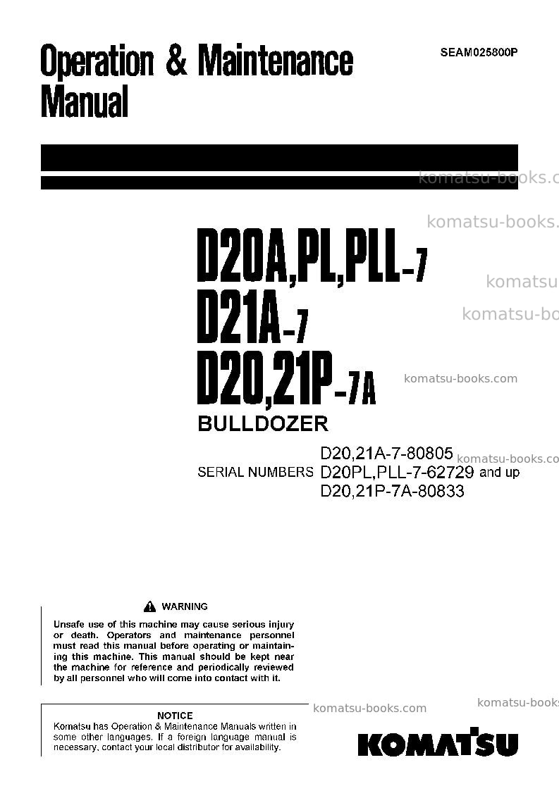 Komatsu d20a-7jpn Operation manual cover Komatsu d20a-7jpn Operation manual cover