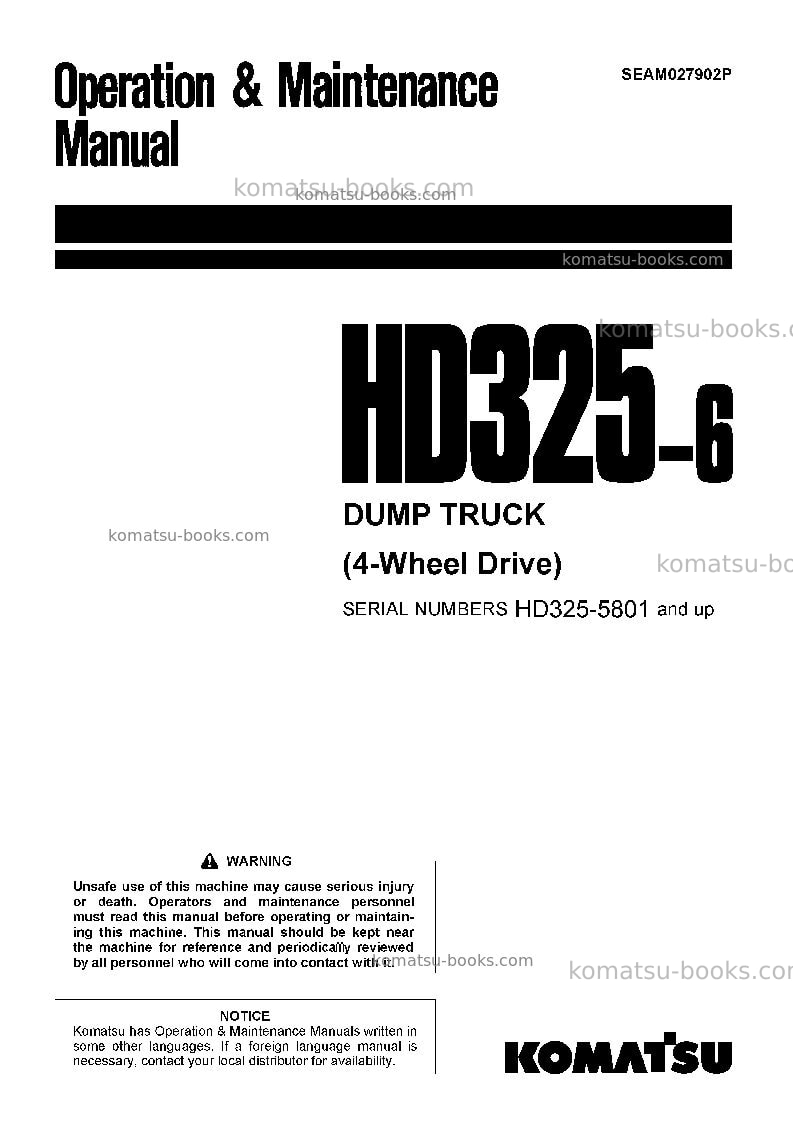 Komatsu hd325-6jpn-4wd Operation manual cover Komatsu hd325-6jpn-4wd Operation manual cover