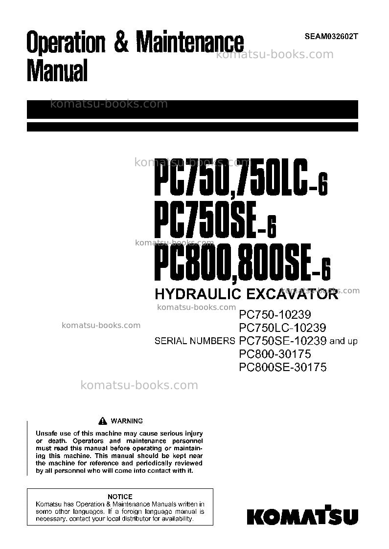 Komatsu pc750-6jpn Operation manual cover Komatsu pc750-6jpn Operation manual cover