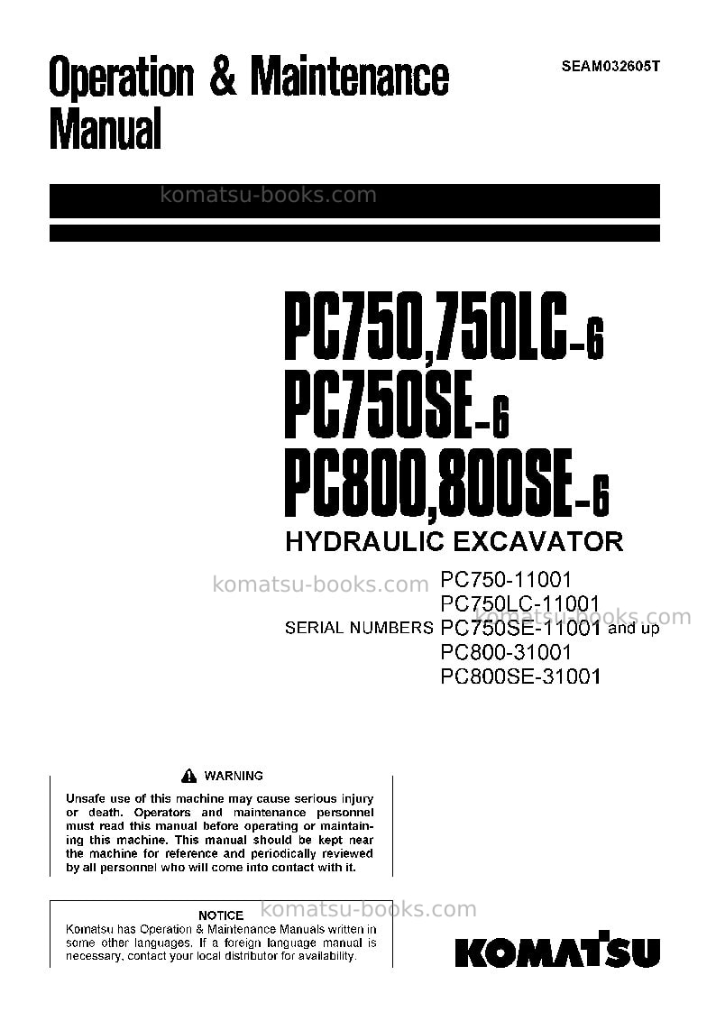 Komatsu pc750-6jpn Operation manual cover Komatsu pc750-6jpn Operation manual cover