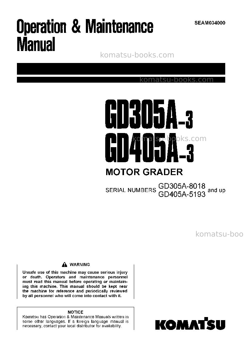 Komatsu gd305a-3jpn Operation manual cover Komatsu gd305a-3jpn Operation manual cover