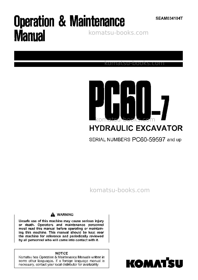 Komatsu pc60-7jpn Operation manual cover