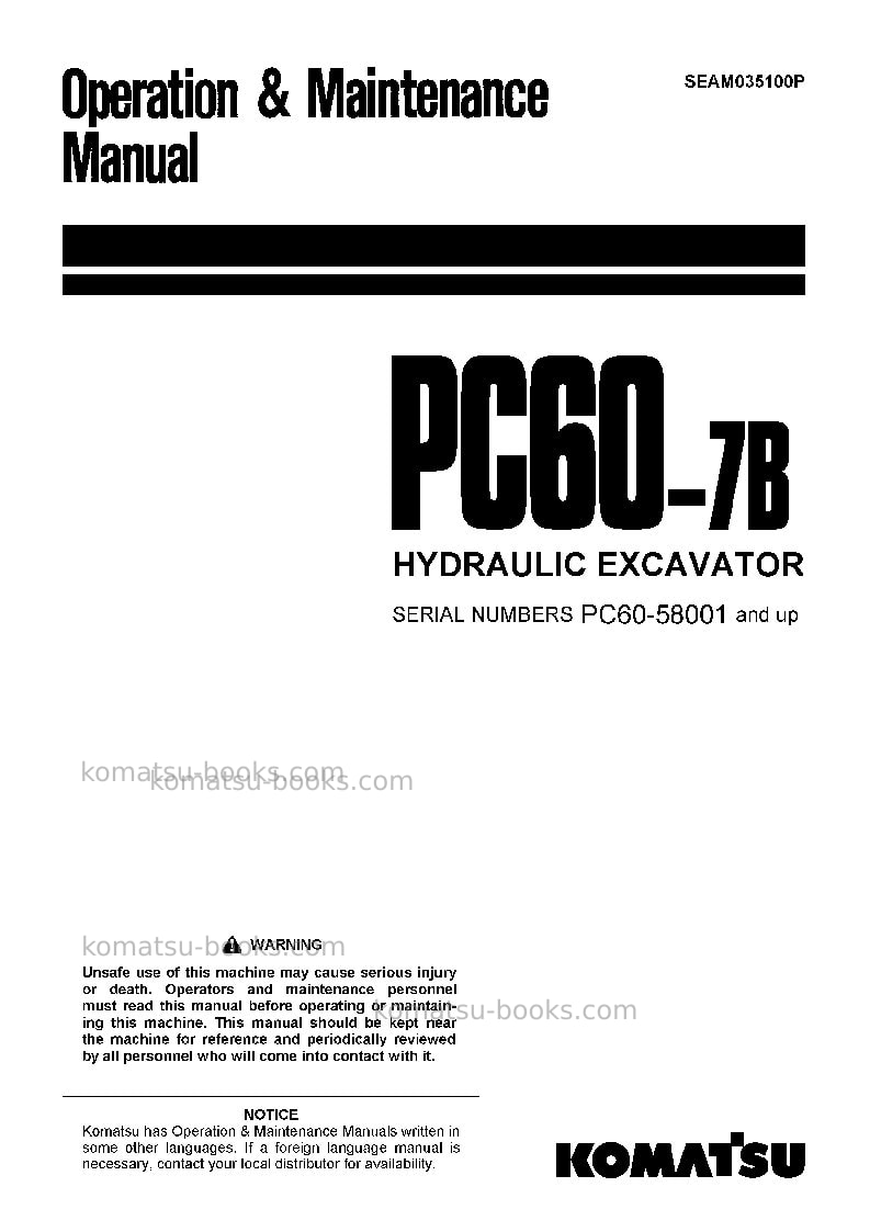 Komatsu pc60-7jpn-w/ front blade Operation manual cover