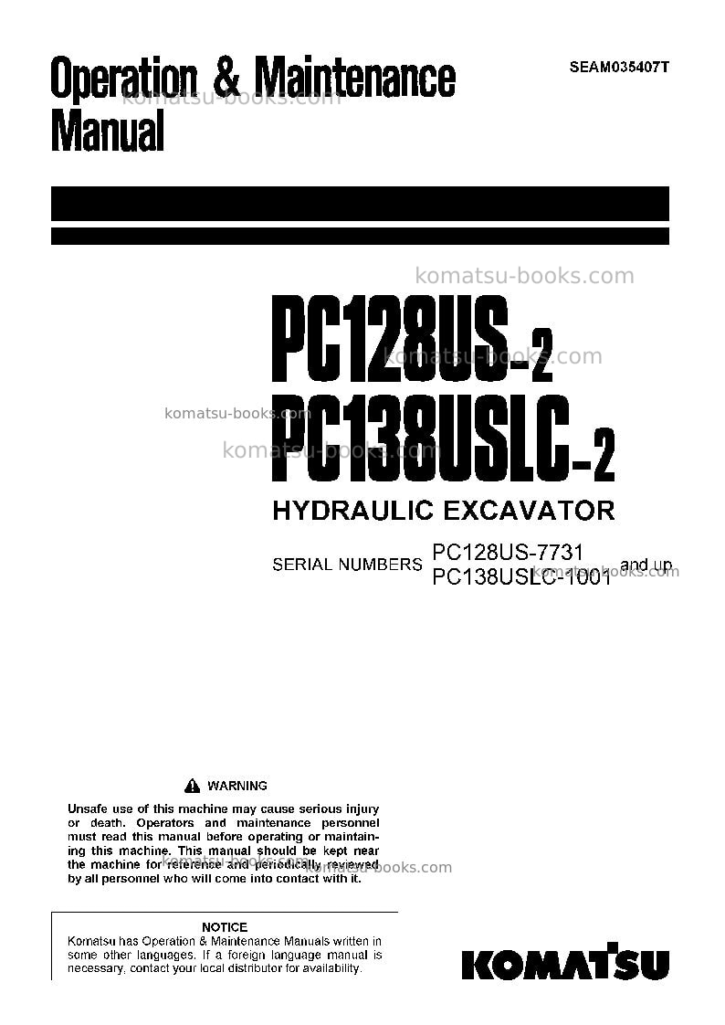 Komatsu pc138uslc-2jpn Operation manual cover Komatsu pc138uslc-2jpn Operation manual cover
