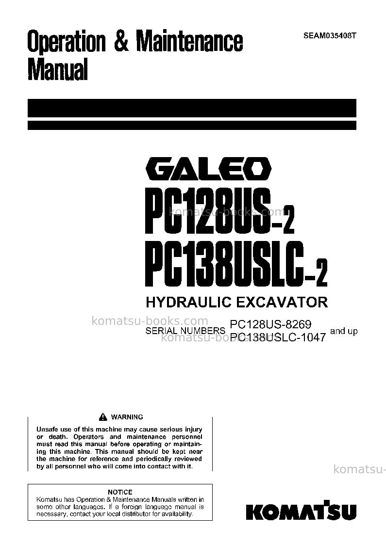 Komatsu pc138uslc-2jpn Operation manual cover Komatsu pc138uslc-2jpn Operation manual cover