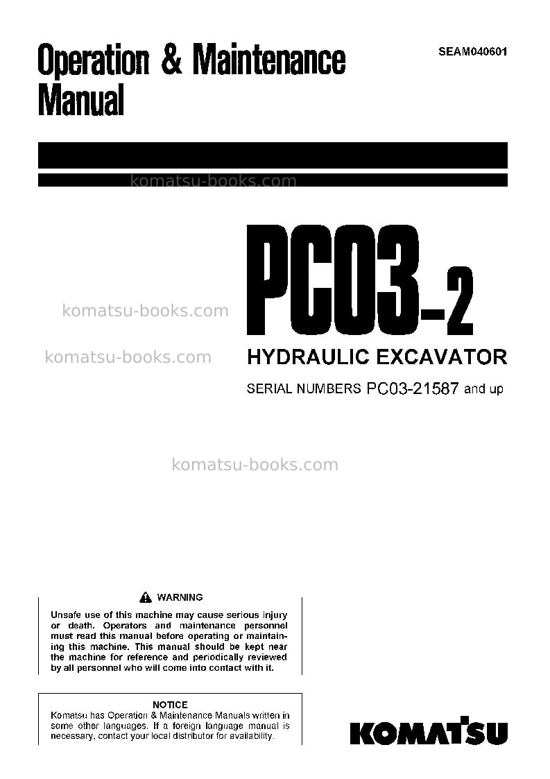 Komatsu pc03-2jpn Operation manual cover Komatsu pc03-2jpn Operation manual cover