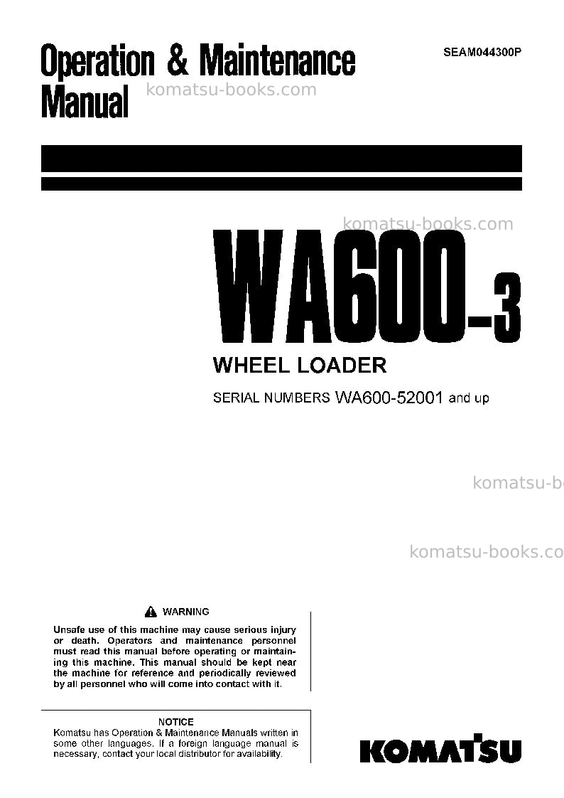 Komatsu wa600-3jpn-tbg Operation manual cover Komatsu wa600-3jpn-tbg Operation manual cover