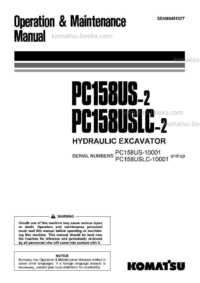 Komatsu pc158us-2jpn Operation manual cover Komatsu pc158us-2jpn Operation manual cover