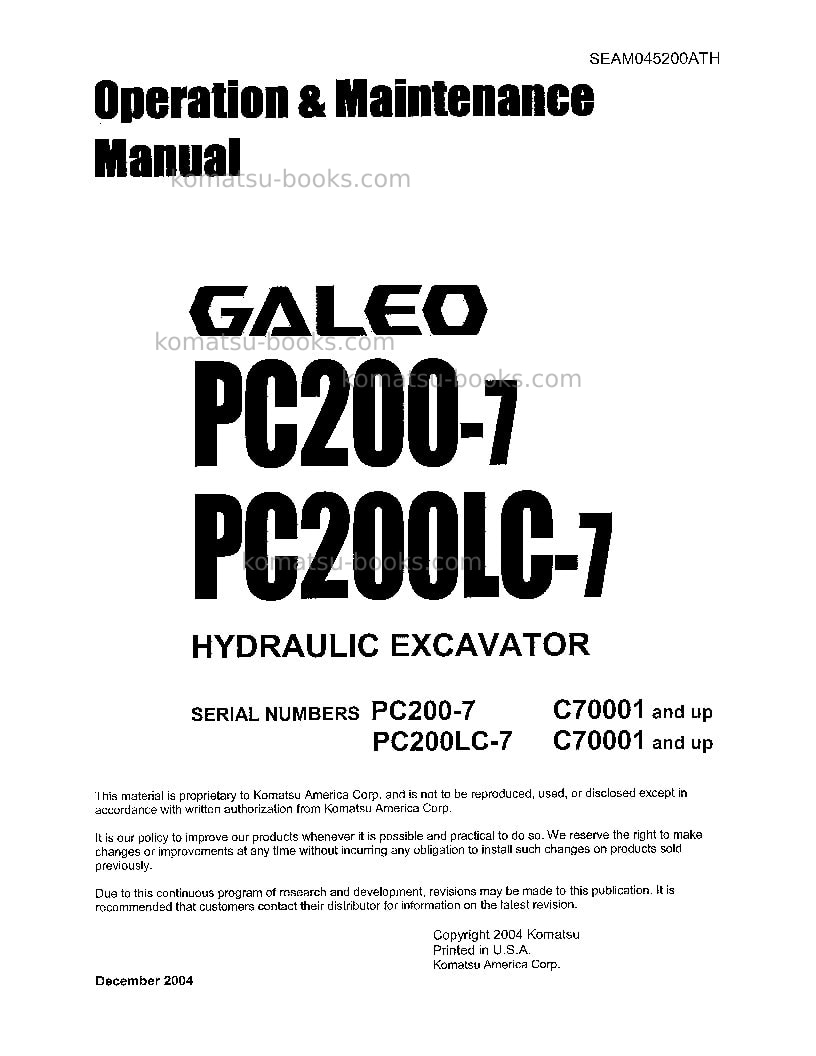 Komatsu pc200lc-7tha Operation manual cover Komatsu pc200lc-7tha Operation manual cover