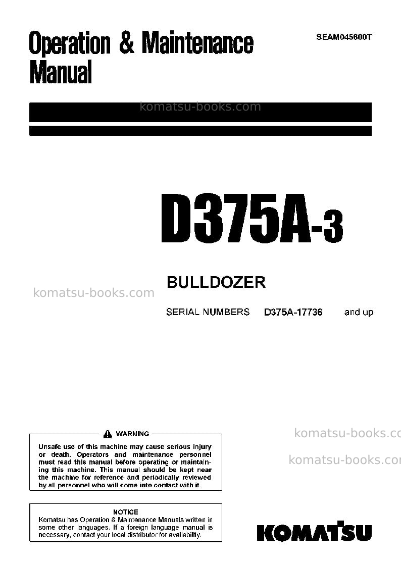 Komatsu d375a-3jpn--50c degree for canada Operation manual cover Komatsu d375a-3jpn--50c degree for canada Operation manual cover