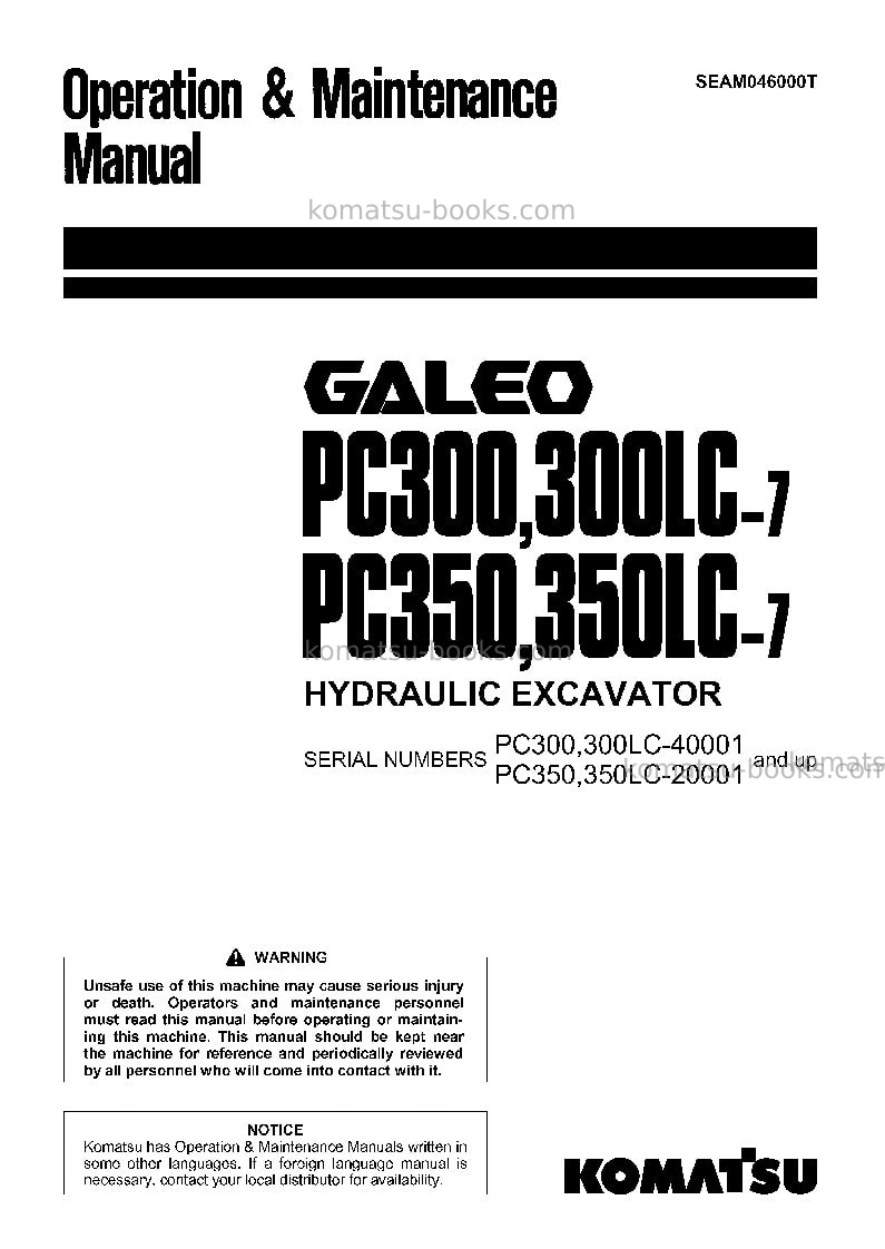 Komatsu pc300lc-7jpn Operation manual cover