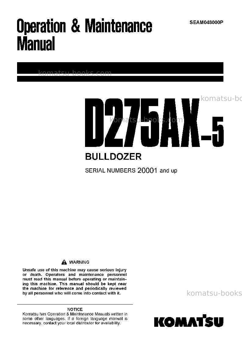 Komatsu d275ax-5jpn-for estonia Operation manual cover Komatsu d275ax-5jpn-for estonia Operation manual cover