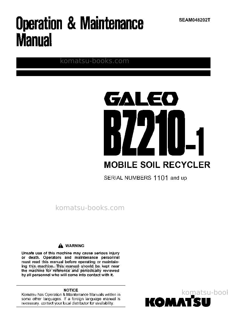 Komatsu bz210-1jpn Operation manual cover Komatsu bz210-1jpn Operation manual cover