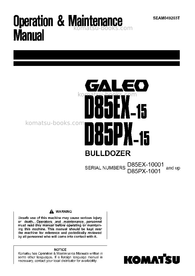 Komatsu d85ex-15jpn Operation manual cover