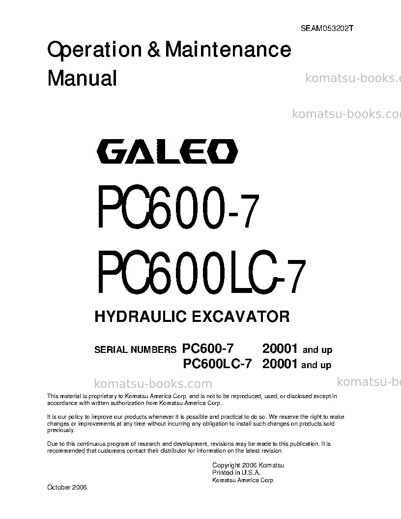 Komatsu pc600-7jpn Operation manual cover Komatsu pc600-7jpn Operation manual cover
