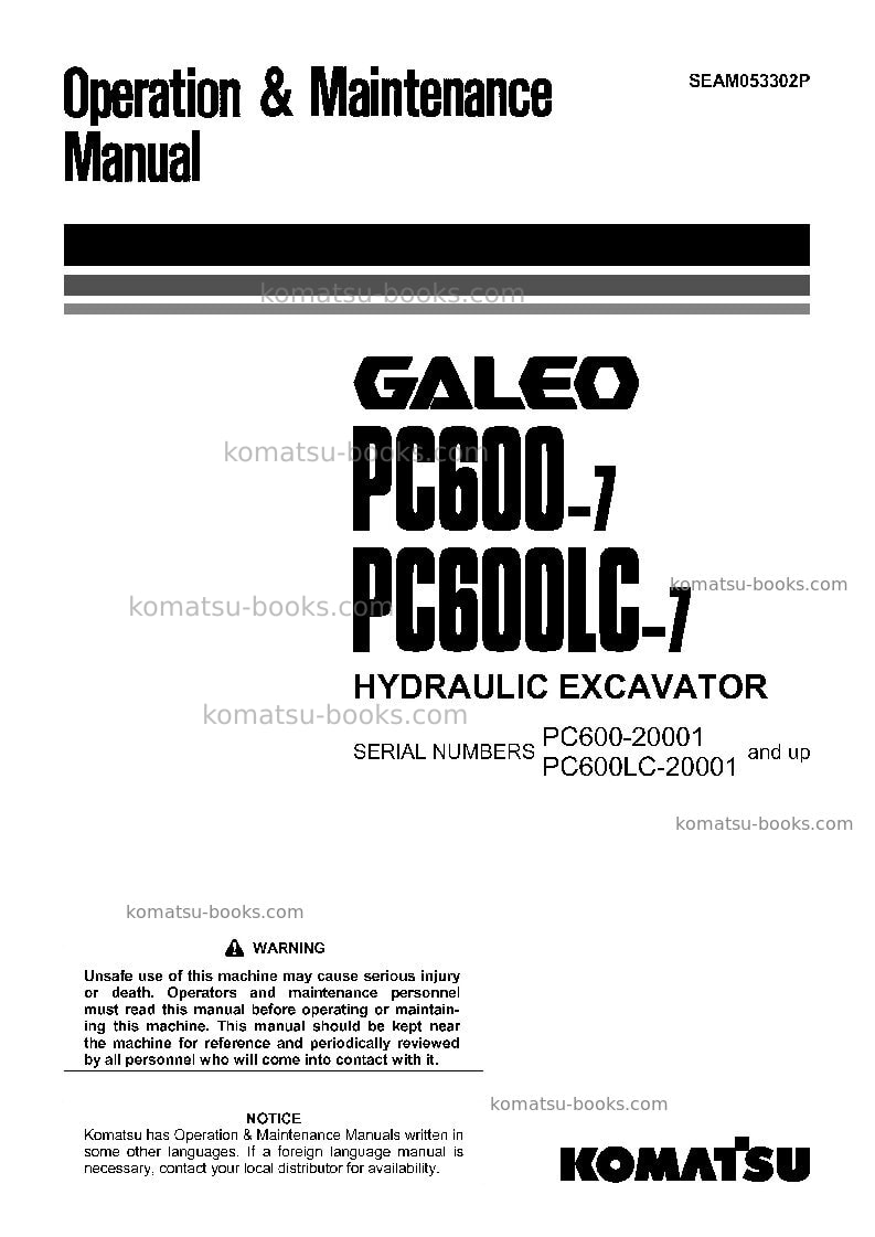 Komatsu pc600-7jpn Operation manual cover Komatsu pc600-7jpn Operation manual cover