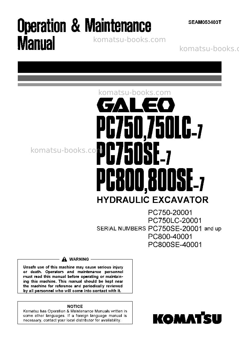 Komatsu pc750se-7jpn Operation manual cover Komatsu pc750se-7jpn Operation manual cover