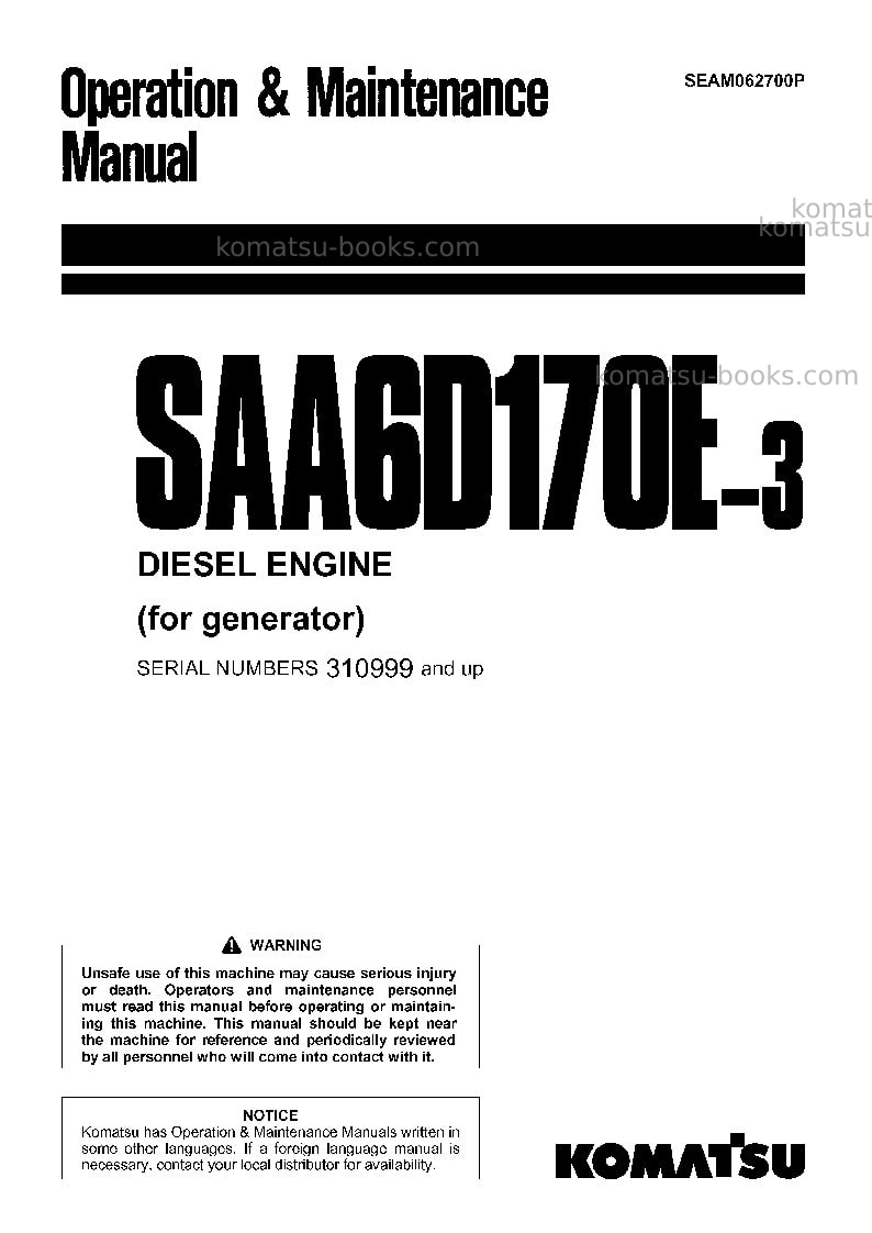 Komatsu saa6d170e-3jpn-for generator Operation manual cover Komatsu saa6d170e-3jpn-for generator Operation manual cover