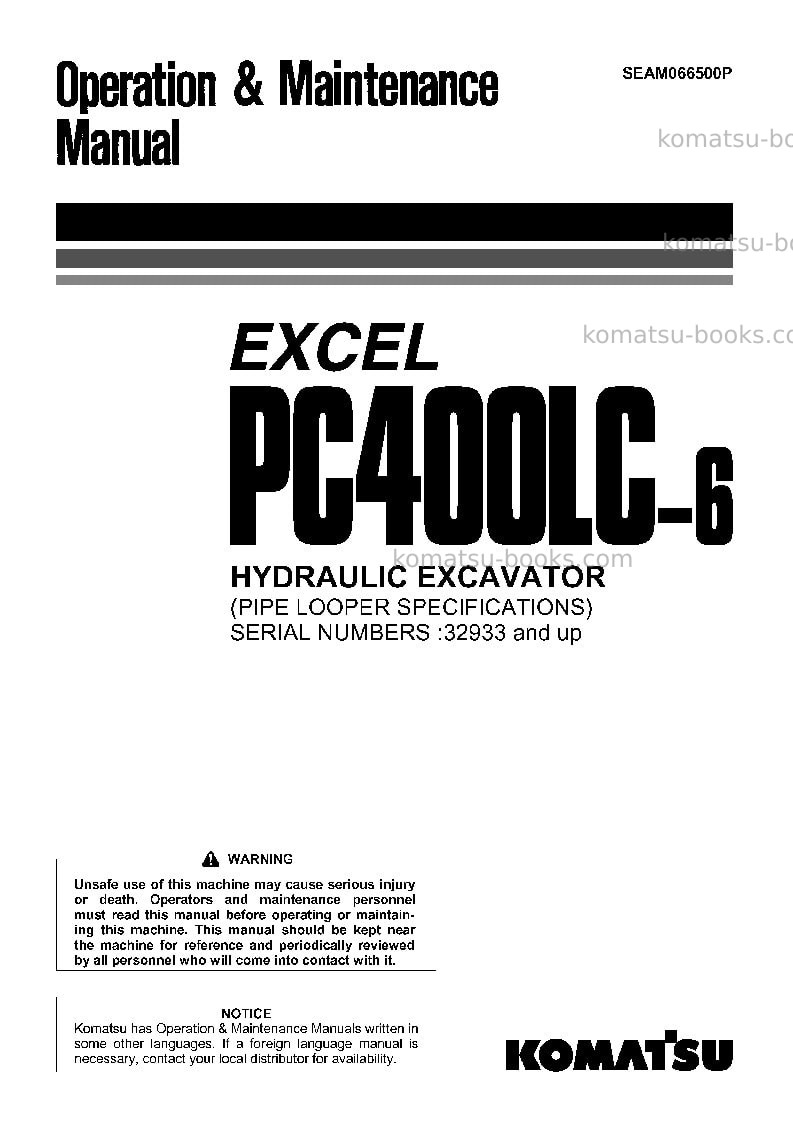 Komatsu pc400lc-6jpn-pipe looper spec, excel Operation manual cover Komatsu pc400lc-6jpn-pipe looper spec, excel Operation manual cover