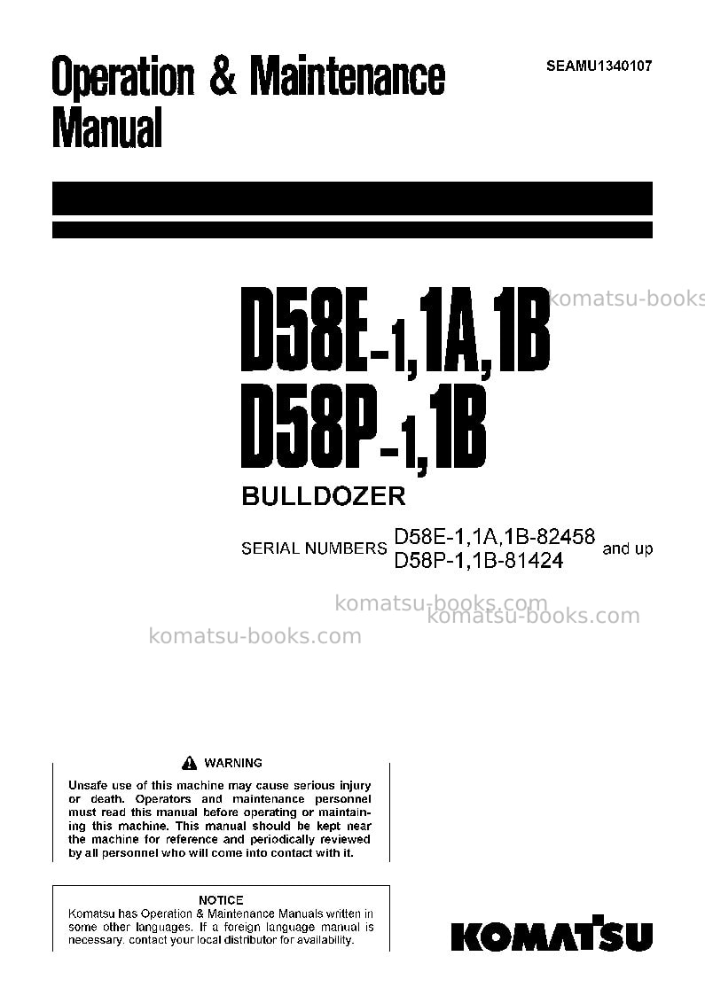 Komatsu d58e-1jpn Operation manual cover Komatsu d58e-1jpn Operation manual cover
