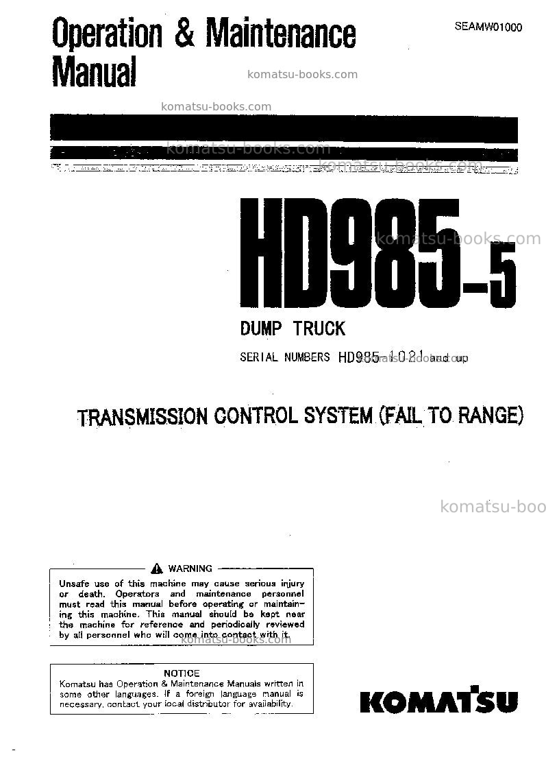 Komatsu hd985-5jpn-tm cntrl system Operation manual cover Komatsu hd985-5jpn-tm cntrl system Operation manual cover