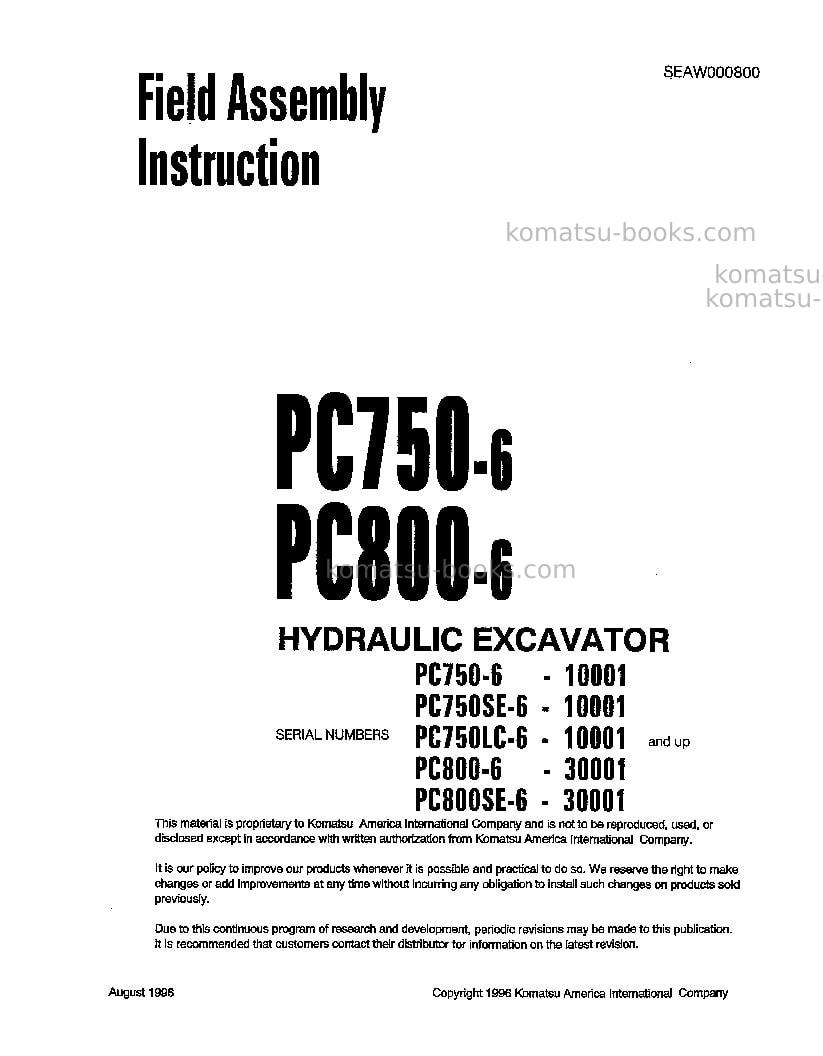 Komatsu pc750lc-6jpn Field assembly manual cover Komatsu pc750lc-6jpn Field assembly manual cover