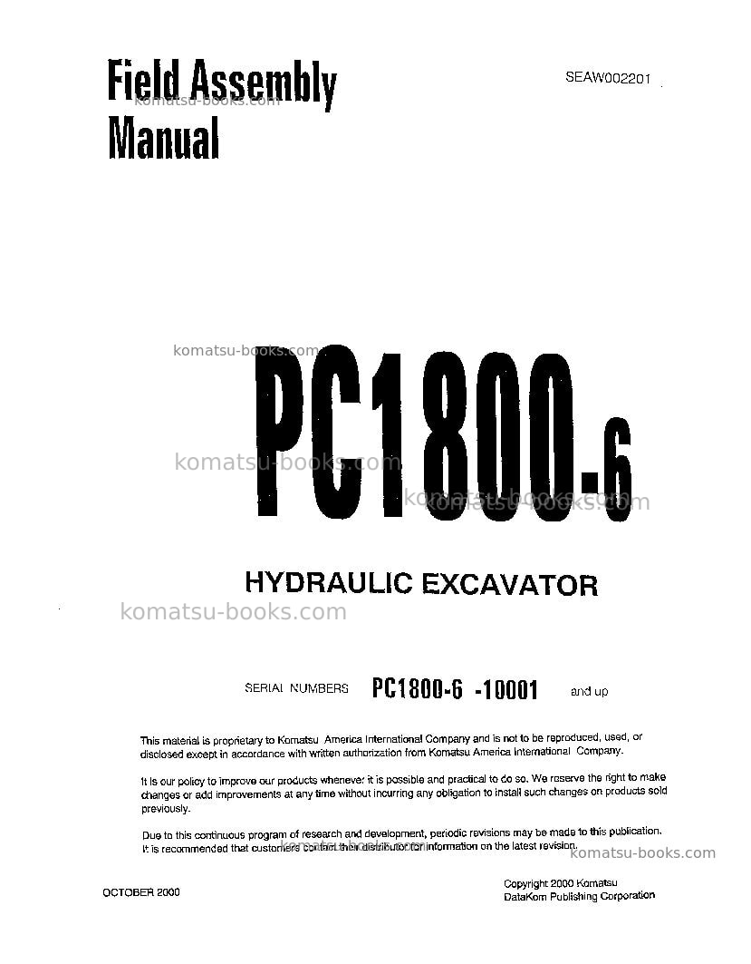Komatsu pc1800-6jpn Field assembly manual cover Komatsu pc1800-6jpn Field assembly manual cover