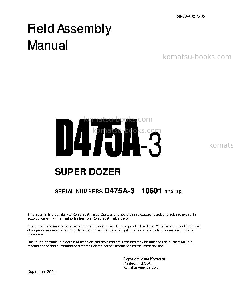 Komatsu d475a-3jpn-super dozer Field assembly manual cover