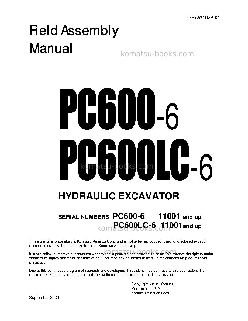 Komatsu pc600lc-6jpn Field assembly manual cover