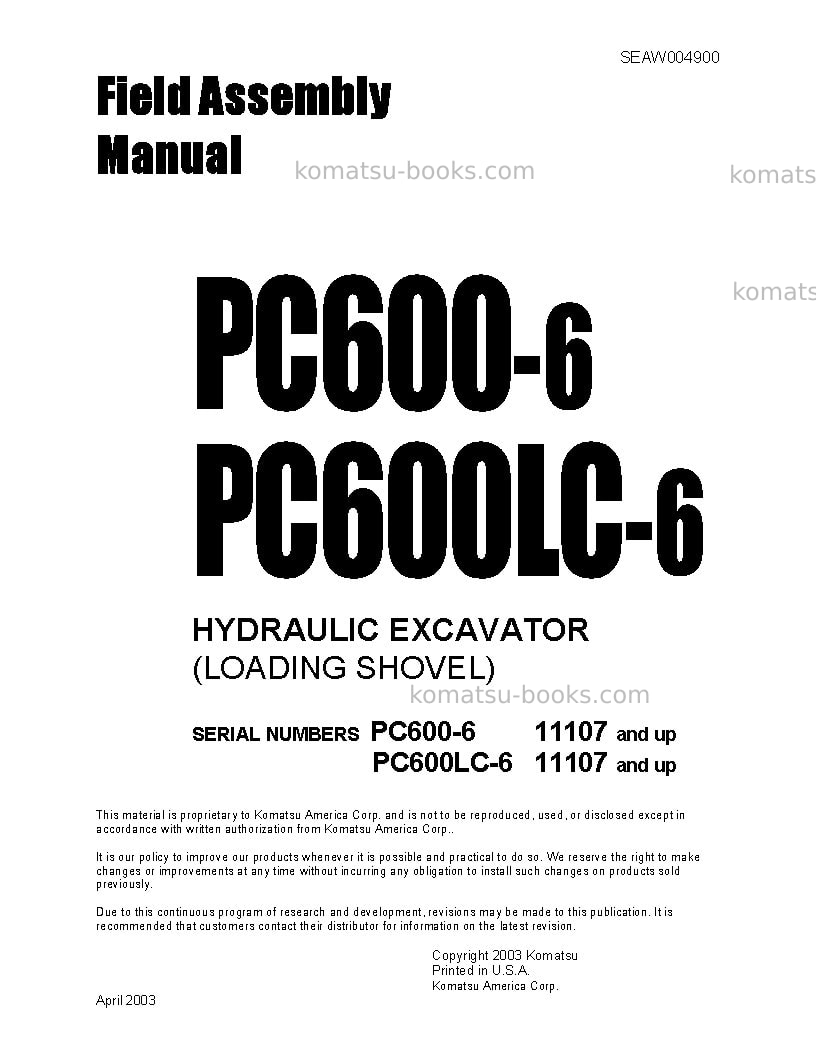 Komatsu pc600lc-6jpn Field assembly manual cover Komatsu pc600lc-6jpn Field assembly manual cover