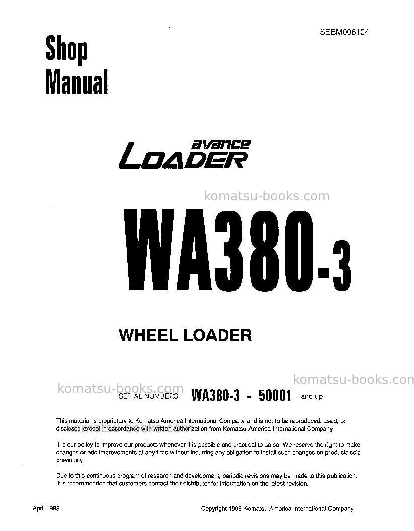 Komatsu wa380-3jpn Repair & maintenance cover