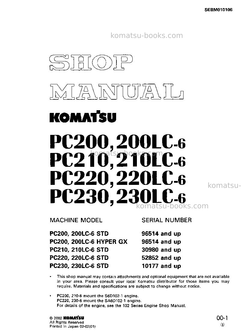 Komatsu pc200lc-6jpn Repair & maintenance cover Komatsu pc200lc-6jpn Repair & maintenance cover