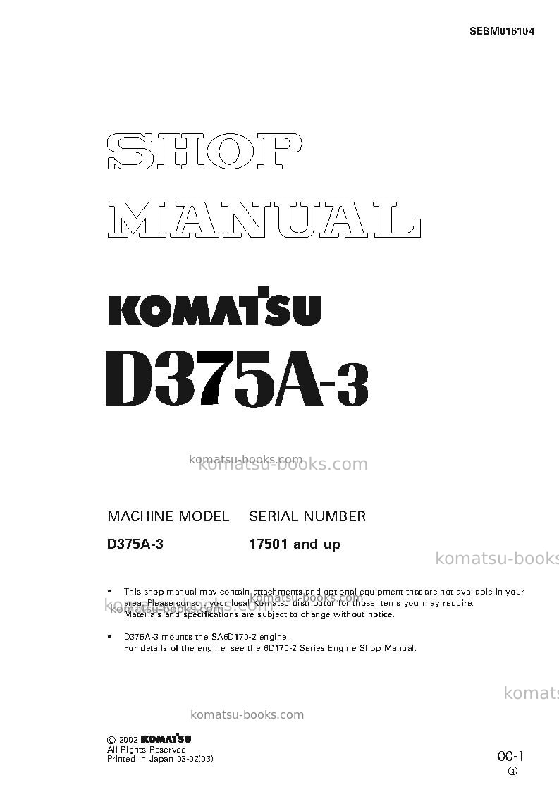 Komatsu d375a-3jpn-7-track roller Repair & maintenance cover
