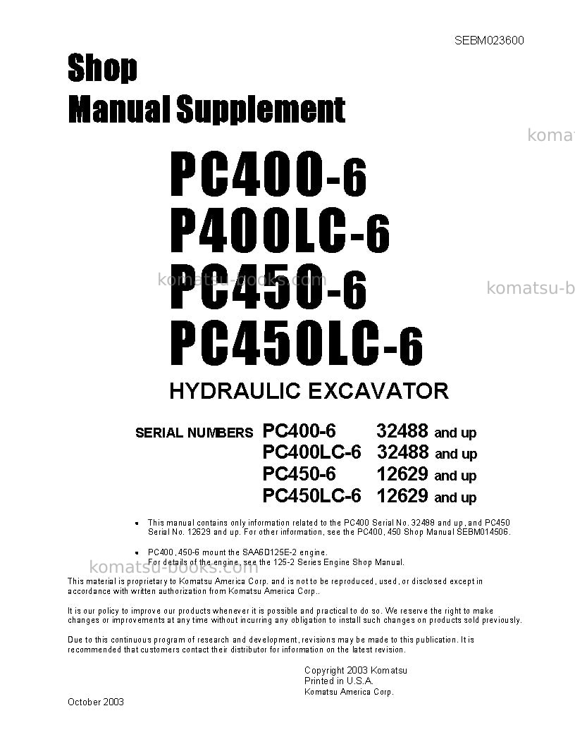 Komatsu pc450-6jpn Repair & maintenance cover