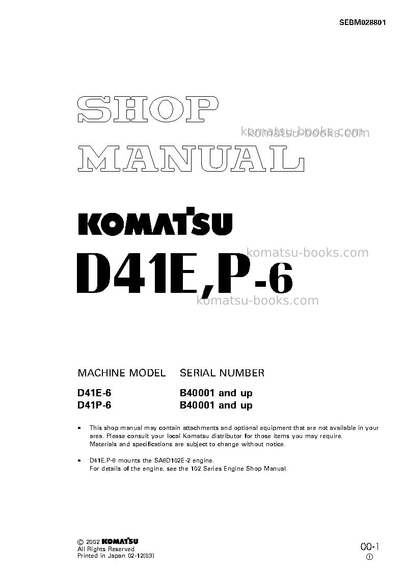 Komatsu d41p-6jpn Repair & maintenance cover Komatsu d41p-6jpn Repair & maintenance cover