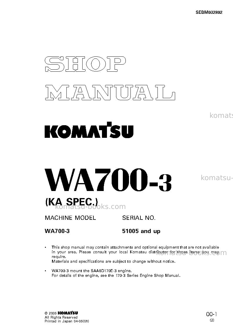 Komatsu wa700-3jpn Repair & maintenance cover
