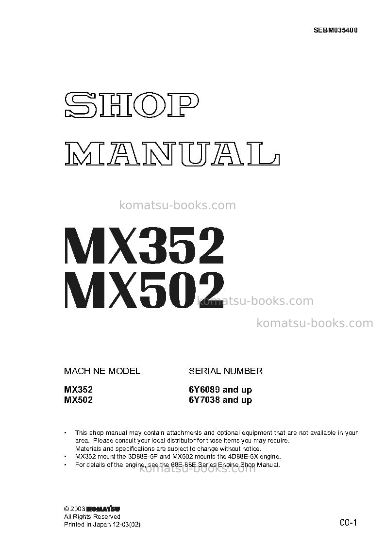 Komatsu mx502jpn Repair & maintenance cover
