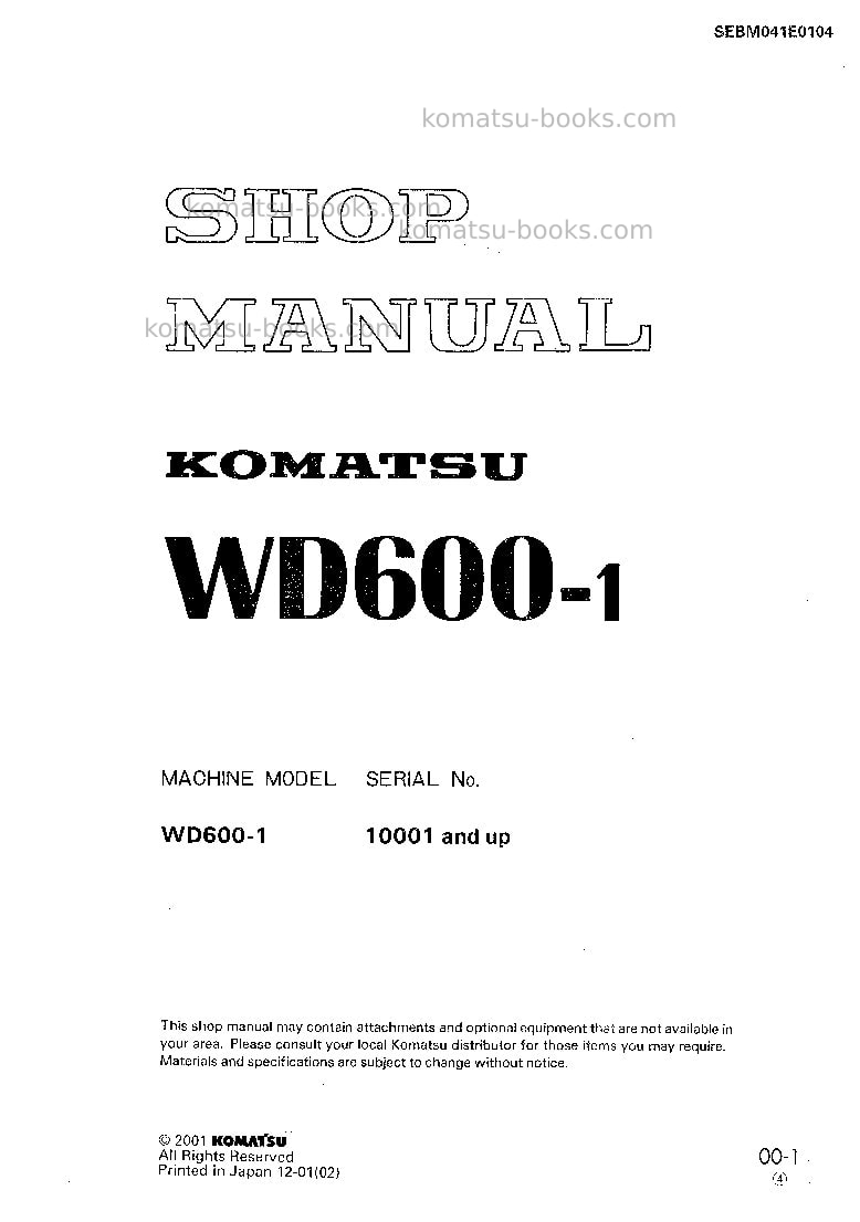 Komatsu wd600-1jpn Repair & maintenance cover