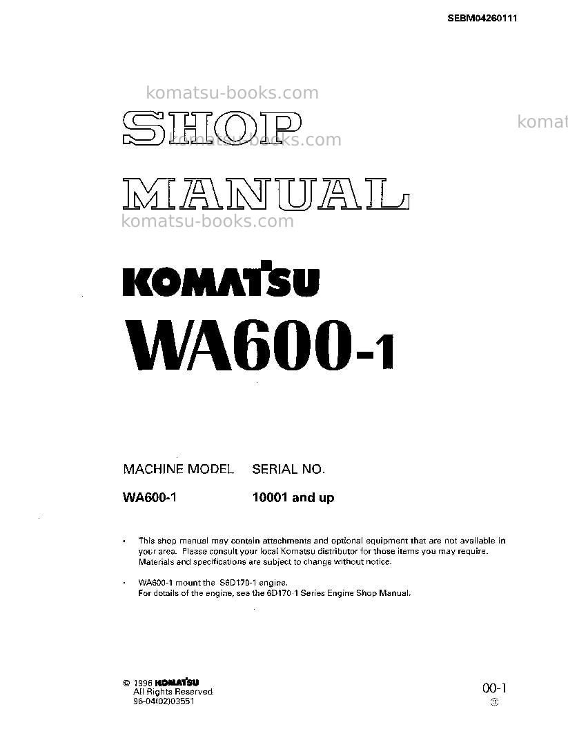 Komatsu wa600-1jpn Repair & maintenance cover