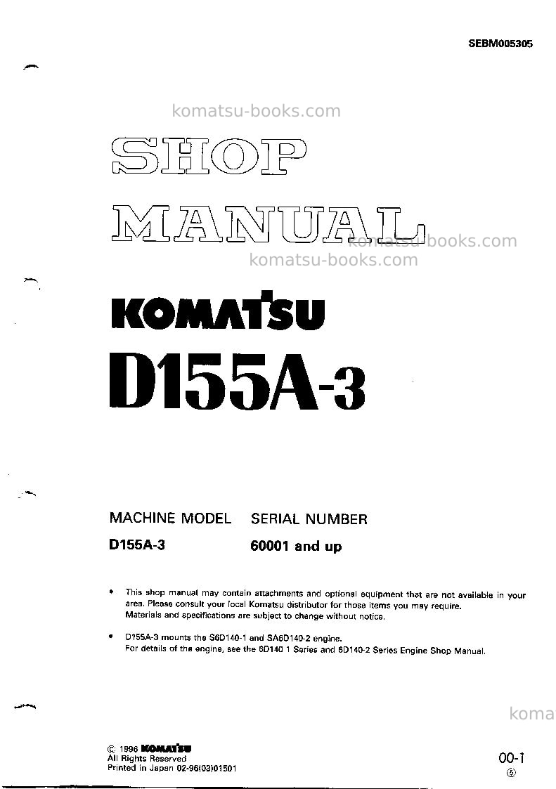 Komatsu d155a-3jpn Repair & maintenance cover Komatsu d155a-3jpn Repair & maintenance cover