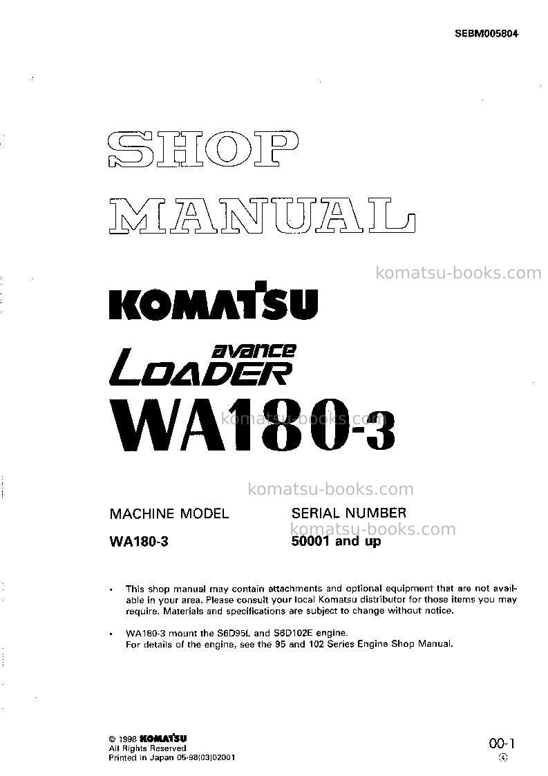 Komatsu wa180-3jpn Repair & maintenance cover