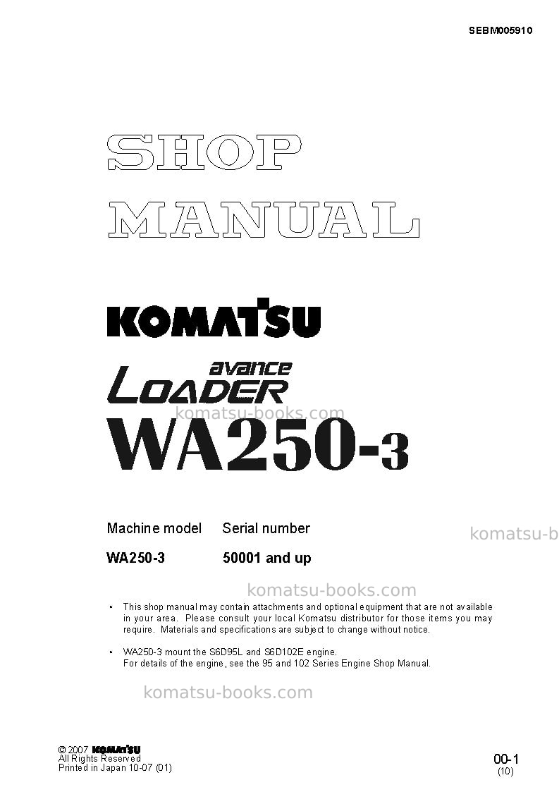 Komatsu wa250-3jpn Repair & maintenance cover
