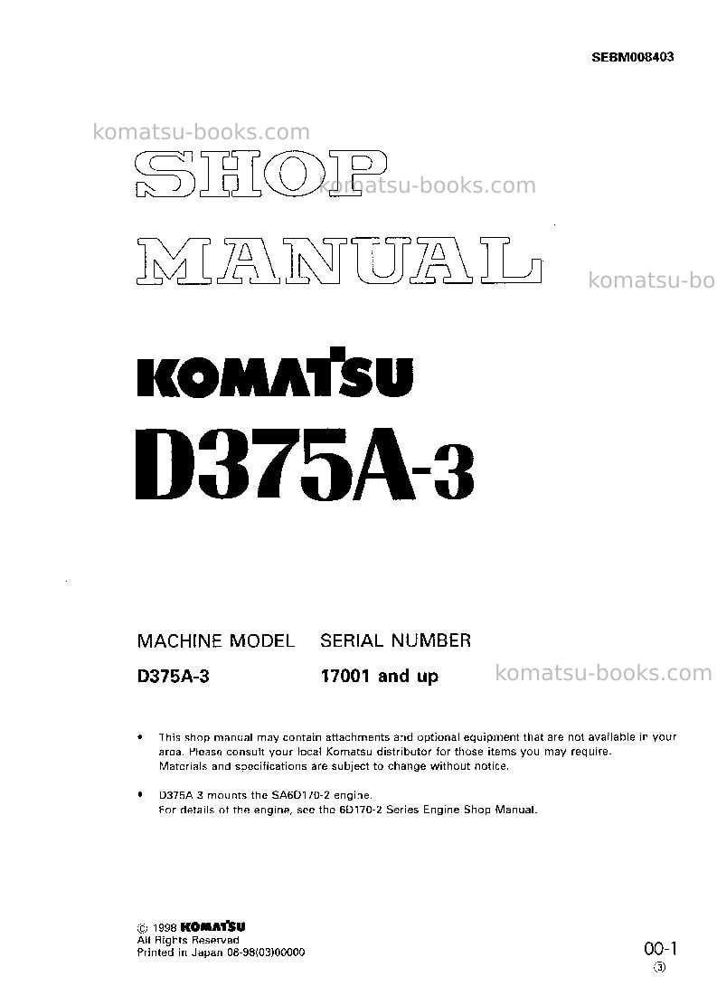 Komatsu d375a-3jpn-6-track roller Repair & maintenance cover