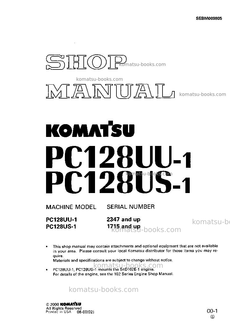 Komatsu pc128uu-1jpn Repair & maintenance cover
