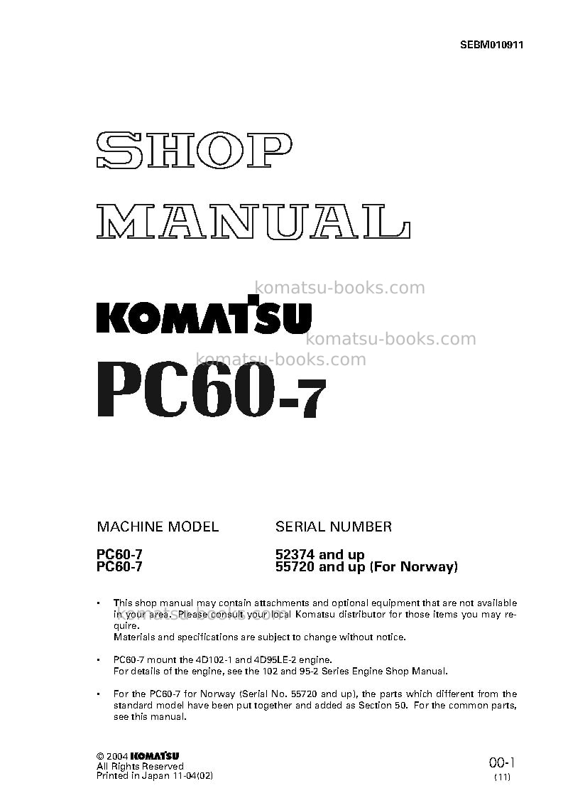 Komatsu pc60-7jpn-w/ front blade Repair & maintenance cover