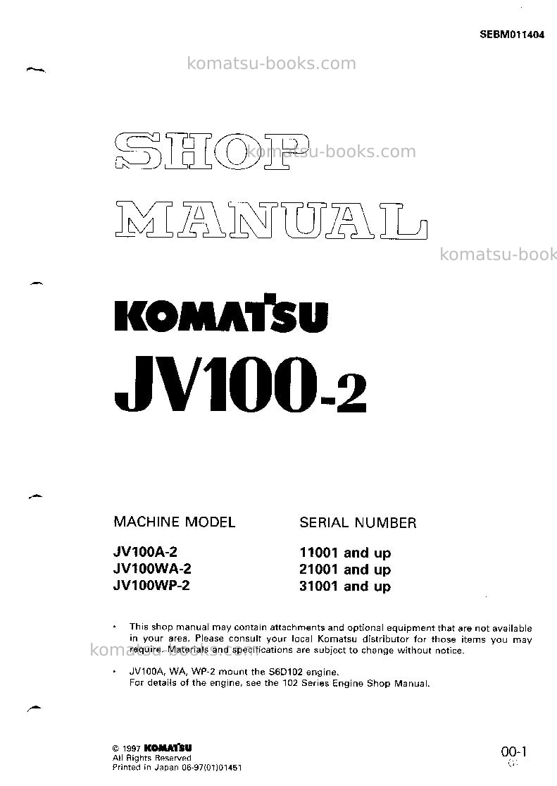 Komatsu jv100a-2jpn Repair & maintenance cover Komatsu jv100a-2jpn Repair & maintenance cover